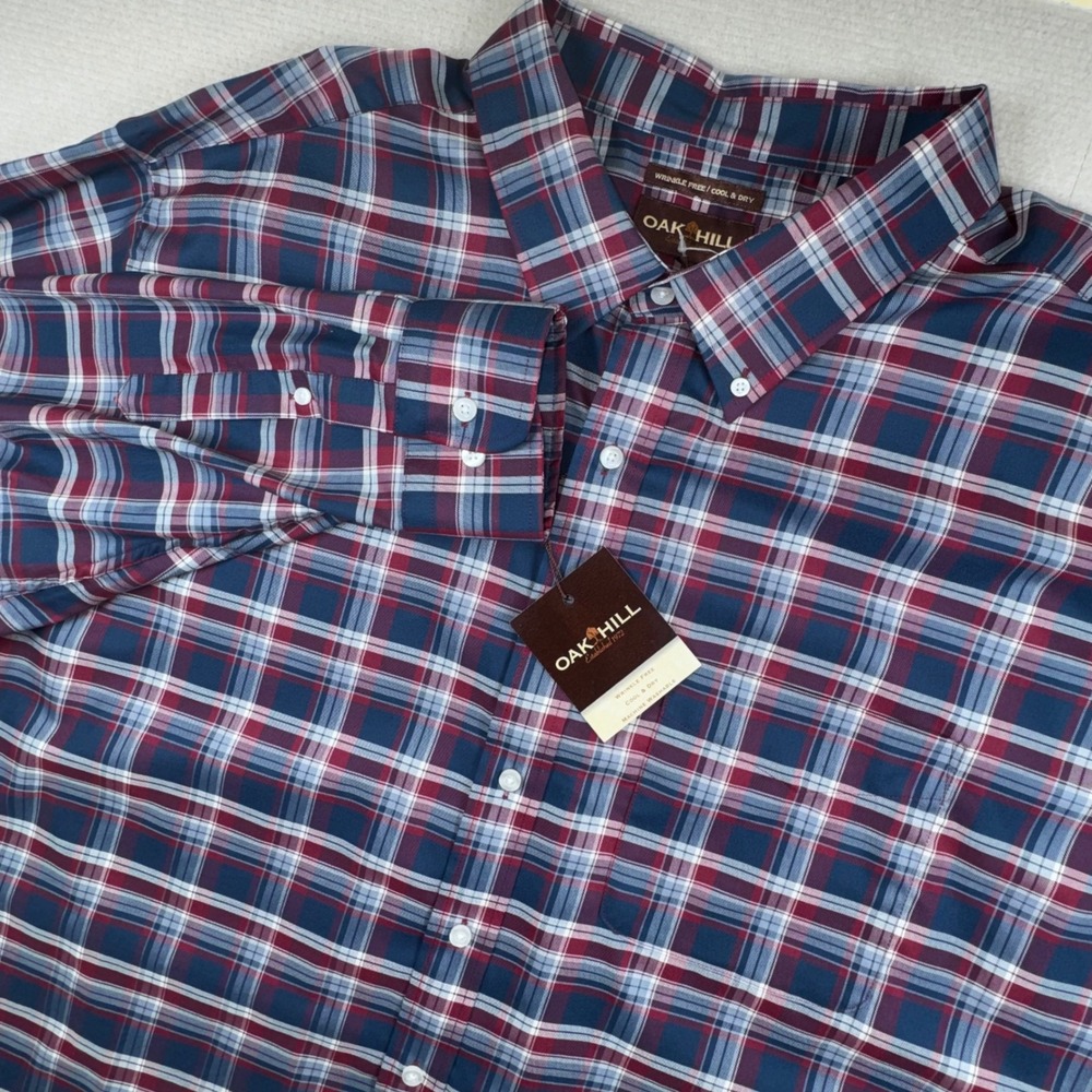 Oak Hill Button Down Shirt Mens 3XLT Red Blue Plaid Wrinkle Free Cotton DXL